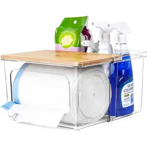 Garbage Bag Dispenser Rack - 2 in 1 Transparent Acrylic Plastic Garbage Bag Container, with Bamboo Lid Storage Box, for Kitchen Pantry Laundry Room Organization, Large Under-Sink Garbage Bag Organizer
