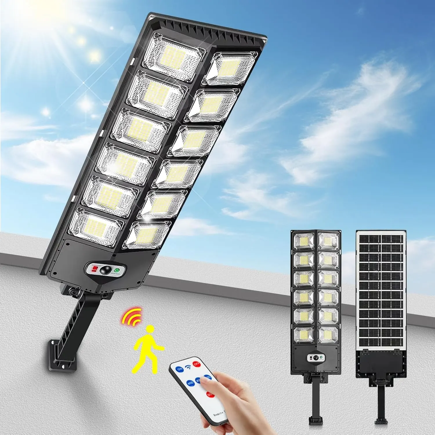 504 LED Solar Street Lights Outdoor Waterproof, 12000LM Brightness, 6500K Daylight White, Dusk-to-Dawn Motion Sensor with Remote Control for Yard, Garage, Front Door, Pathway