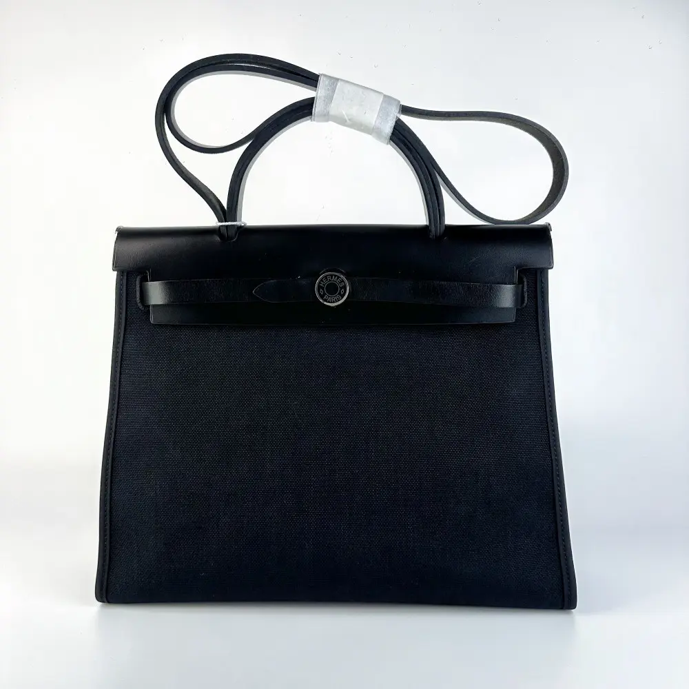 Pre-owned HERMÈS HERMES Herbag Zip 31 Messenger Bag Black Toile Canvas, Vachetta Leather Handbag【762】, Messenger Bags