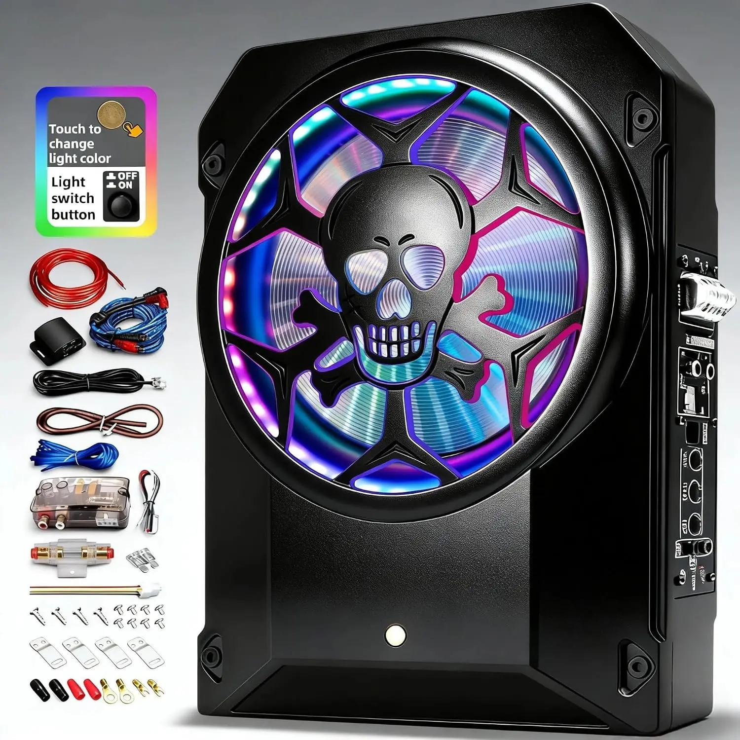 10-inch 1600W Ultra-Thin Powered Subwoofer Car Audio (12V DC Class D Built-in Amplifier), Under-Seat Full Set with LPF/Gain/Bass Boost, Touch Control, Physical Switch Rhythm LED Ambient Light, Independent Bass Knob for Travel Essentials