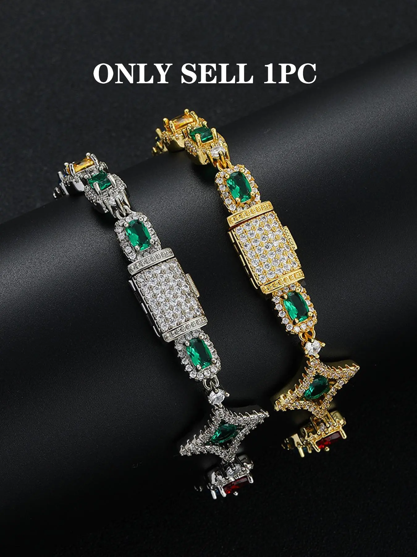 1PC ICED CHICS colored star square zircon bracelet, Copper Chain Bracelet, street hip-hop jewelry accessory, casual style, suitable for both men and women, Casual Trendy Jewelry