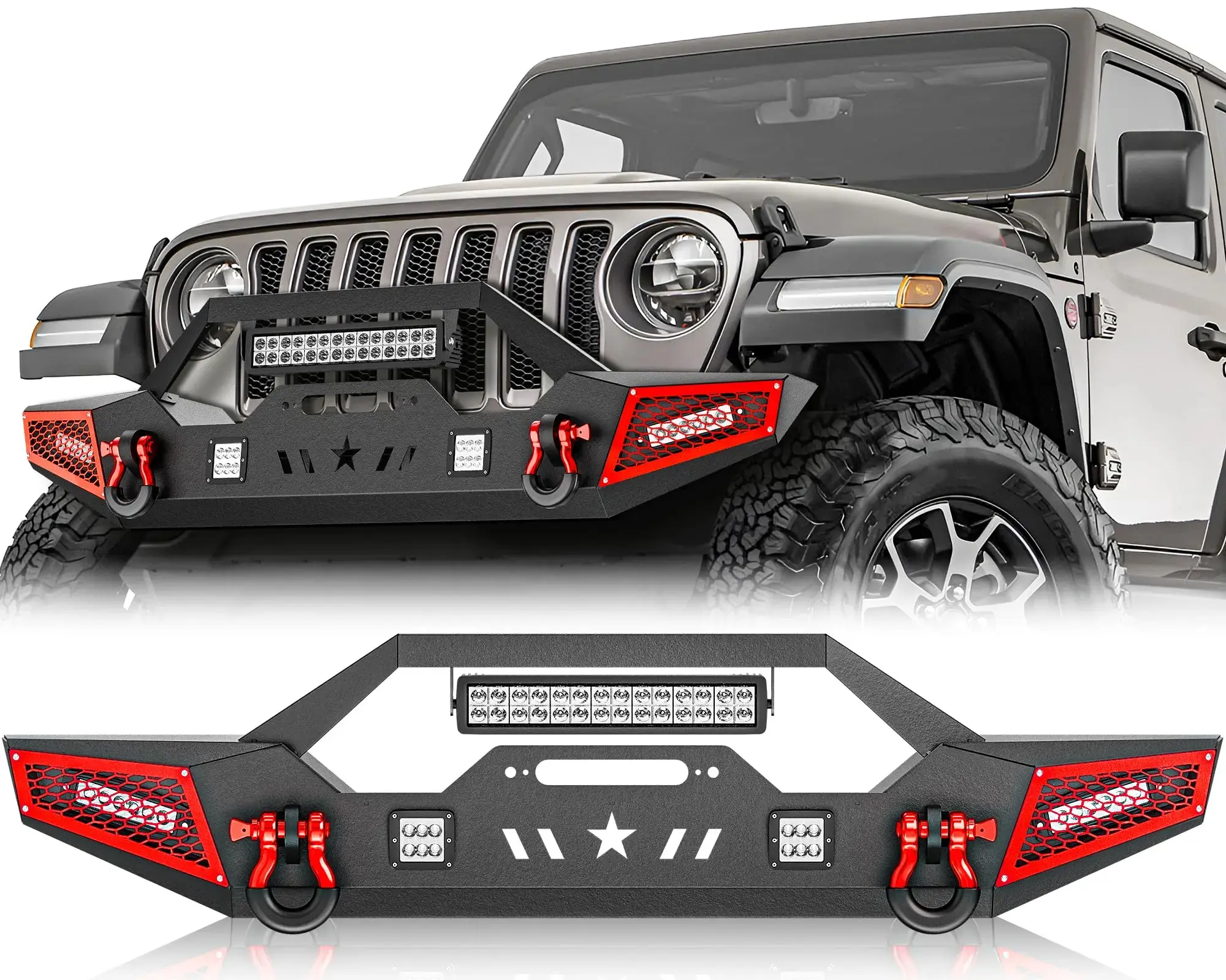 【YZONA】Carbon Steel Front Bumper for 2007-2026 Jeep Wrangler JK JL JKU JLU Unlimited & Gladiator JT 2/4 Doors, Bolt-On, with Winch Plate, 5 LED Lights, Paintable Armor, D-Rings, Enhanced Protection, Brighten Your Path, Car Accessories