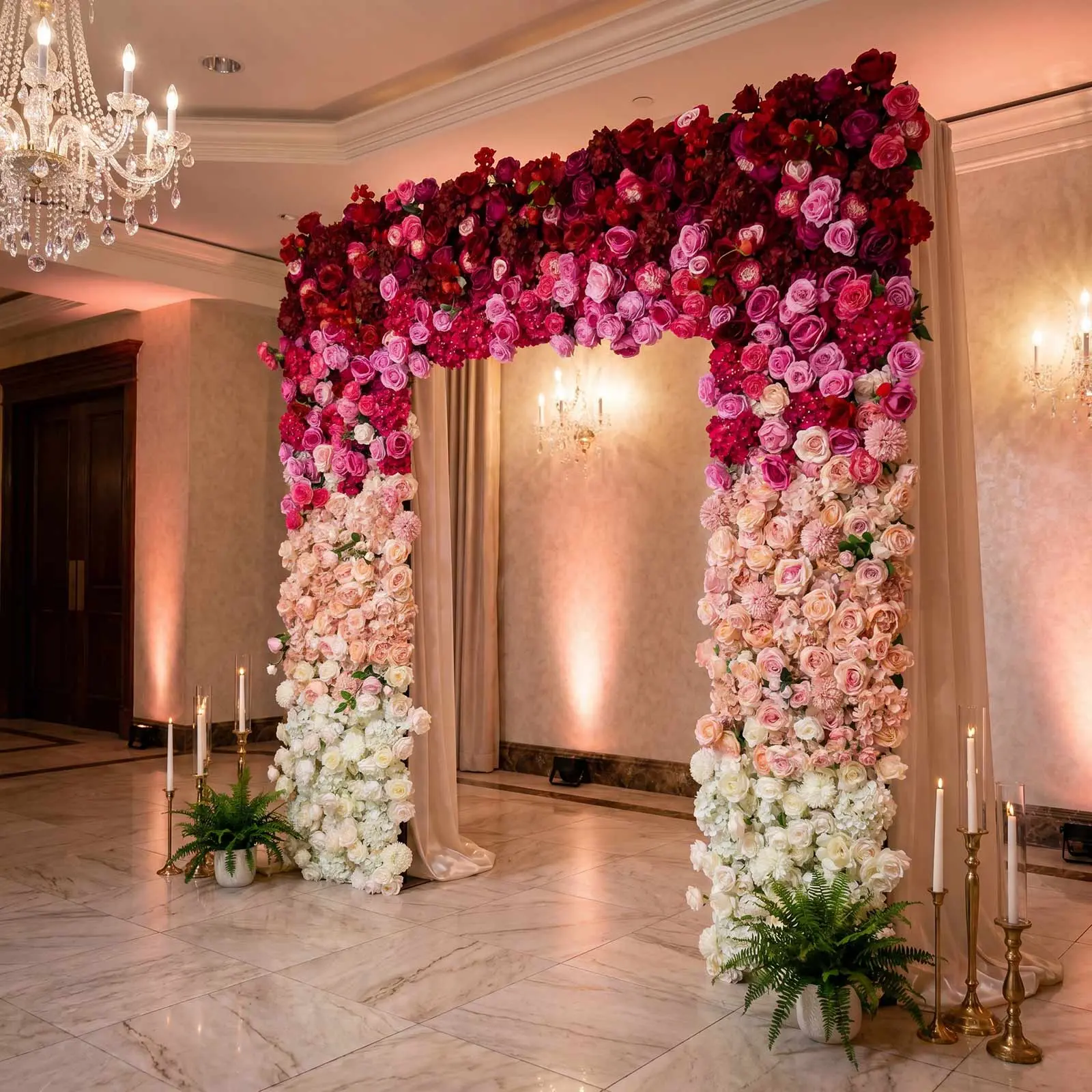 8ftx8ft Roll Up Flower Backdrop for Arch Stand, White Pink with Fabric Backing - Artificial Silk Roses, Hydrangeas & Chrysanthemums for Weddings