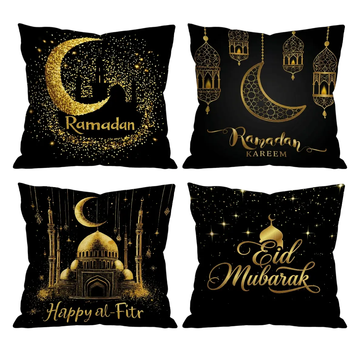 Ramadan & Eid Mubarak Throw Pillow Covers Set of 4 | Black & Gold Mosque Crescent Moon Decor for Sofa Couch 26-3-8
