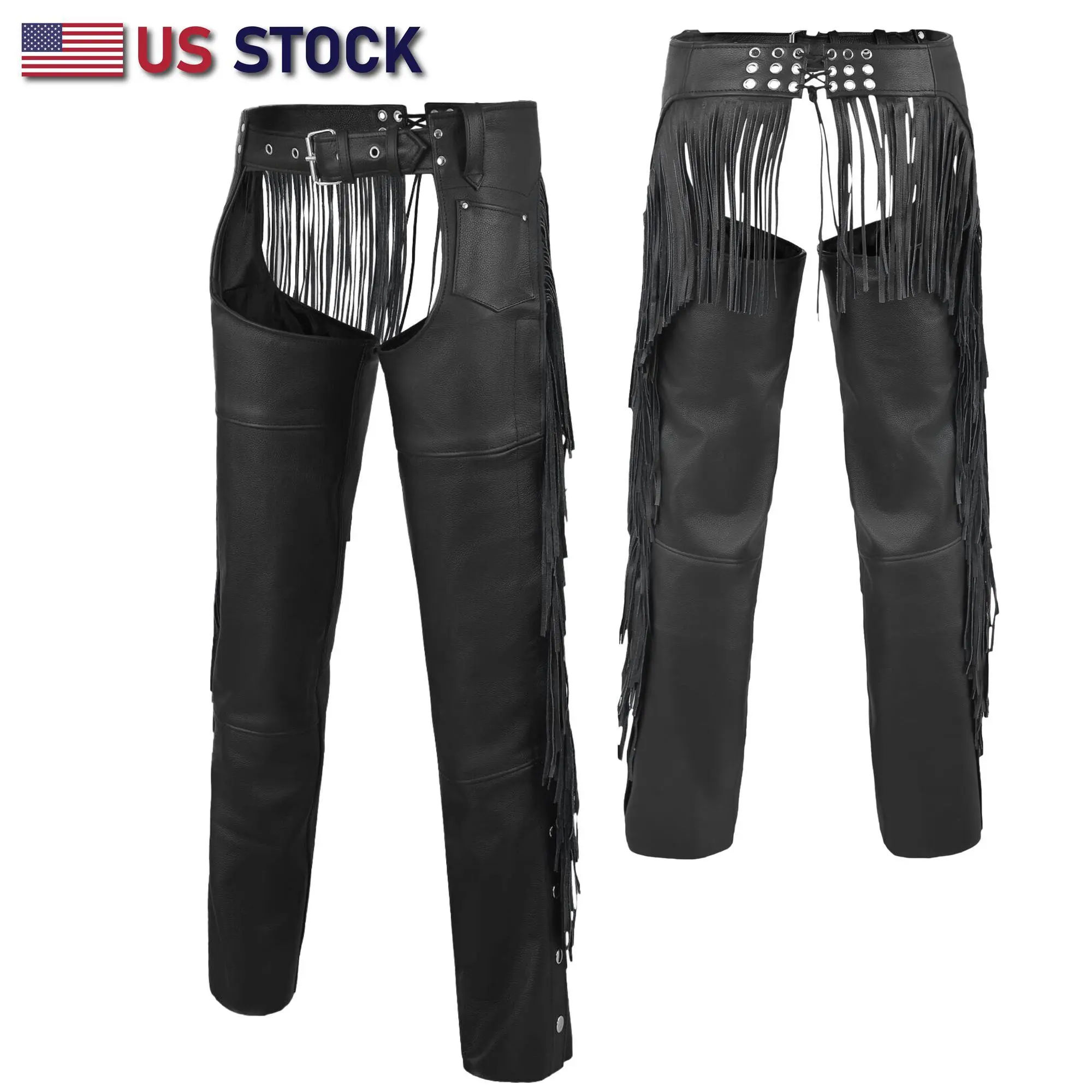 HIGHWAY LEATHER Men's Slim-Fit Fringed Tassel Leather Motorcycle Chaps, Adjustable Waist Biker Motorcycle Gear with Durable Hardware, Zip, Snap, Boot Cut, Protection, Adjustable Belt, Mid Waist, Windproof Motorcycle Boots Motorcycle Gloves