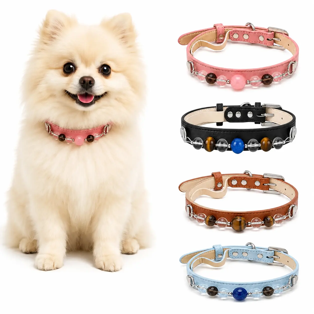 D4-Color Gemstone Beaded Leather Dog Collar - Soft Padded Adjustable Basic Collar, Elegant Crystal Pet Photo Accessory, Gift for Small-Medium Dogs Up to 20kg