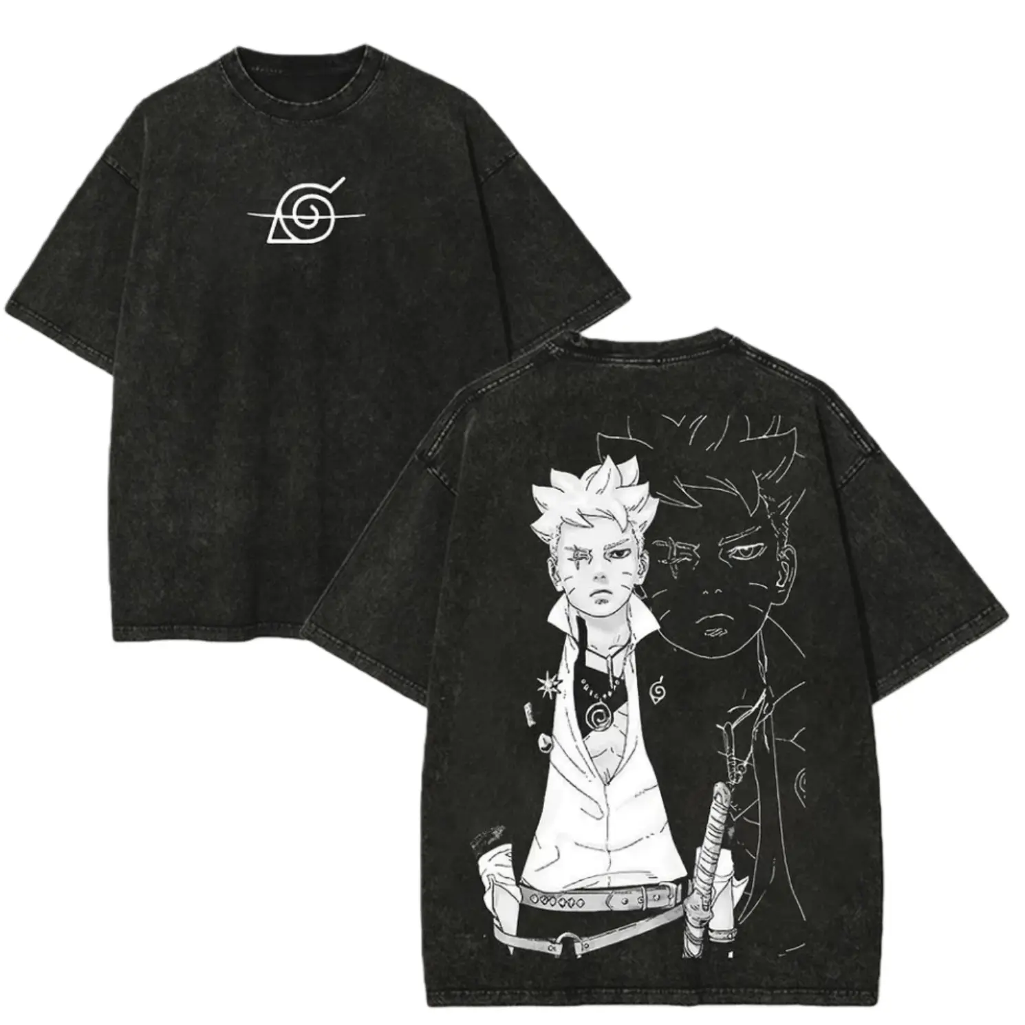 Vintage Washed Naruto Boruto Tee - Double Sided Anime Graphic 100% Cotton Plus Size Unisex