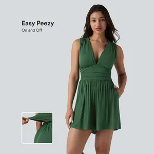 Halara Ribbed V-neck Sleeveless Ruched Built-in Bra Casual Romper with Pockets-Easy Peezy