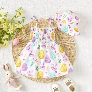 Ready Stock 6m-3y Baby Girls Cute Easter Outfit Colorful Bunny Eggs Allover Print Straps Smocking Dress + Hat Clothes 2Pcs Set White 462312154