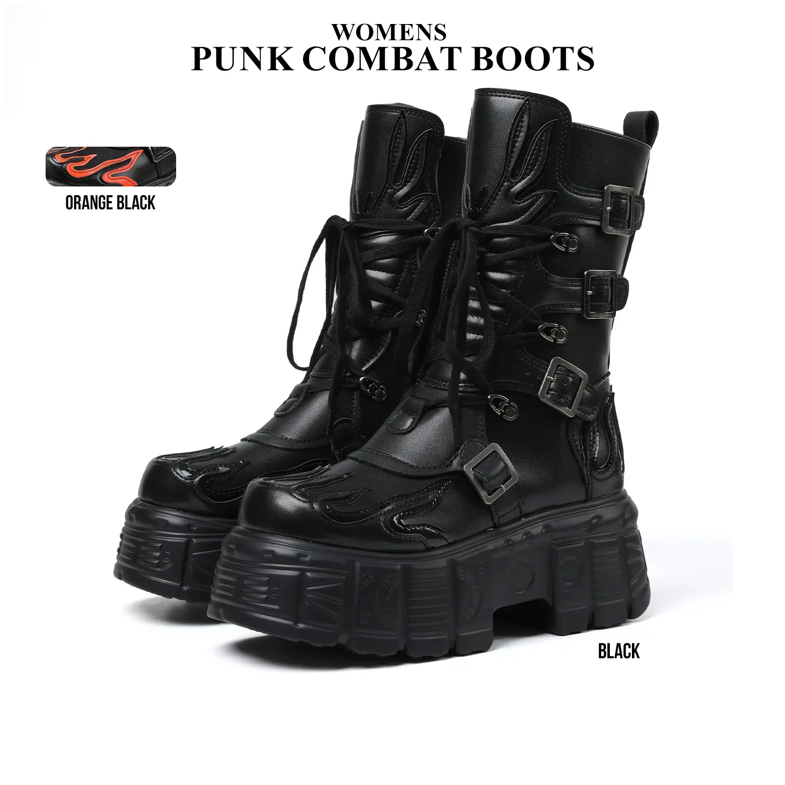 CYNLLIO Womens Punk Combat Boots Mid Calf Round Toe Platform Heels Thick Sole Metallic Buckle Lace Up Gothic Punk Style Side Zipper Design Comfy Outdoor Concert Street Riding Motorcycle Spring Boots Perona One Piece Boots Deals For You Days