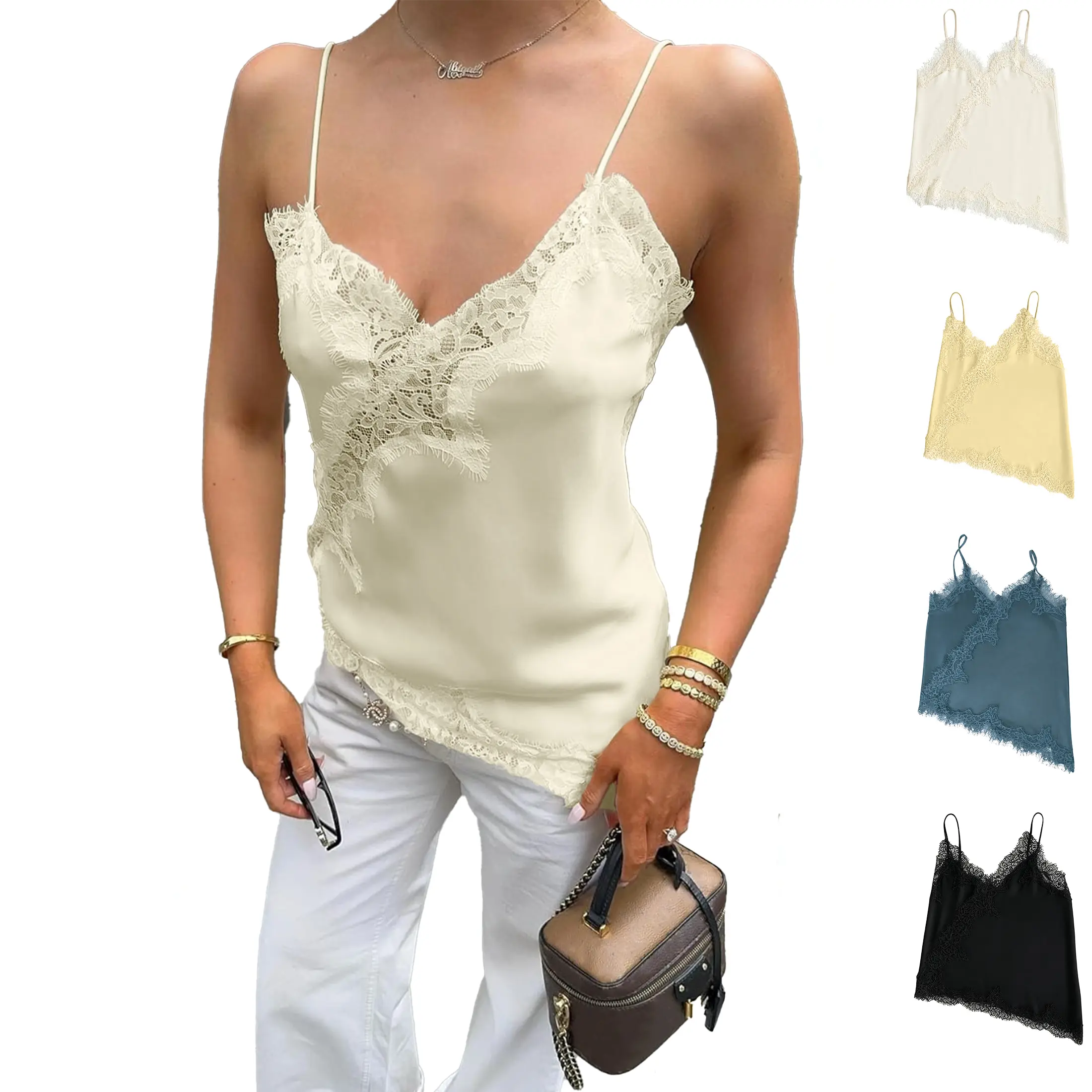 Wandal Women's Basic Minimalist Sleeveless Lace Trim V-Neck Satin Camisole with Adjustable Spaghetti Straps, Backless Loose Lace Tank Top for Party, Daily Wear, Adjustable Straps