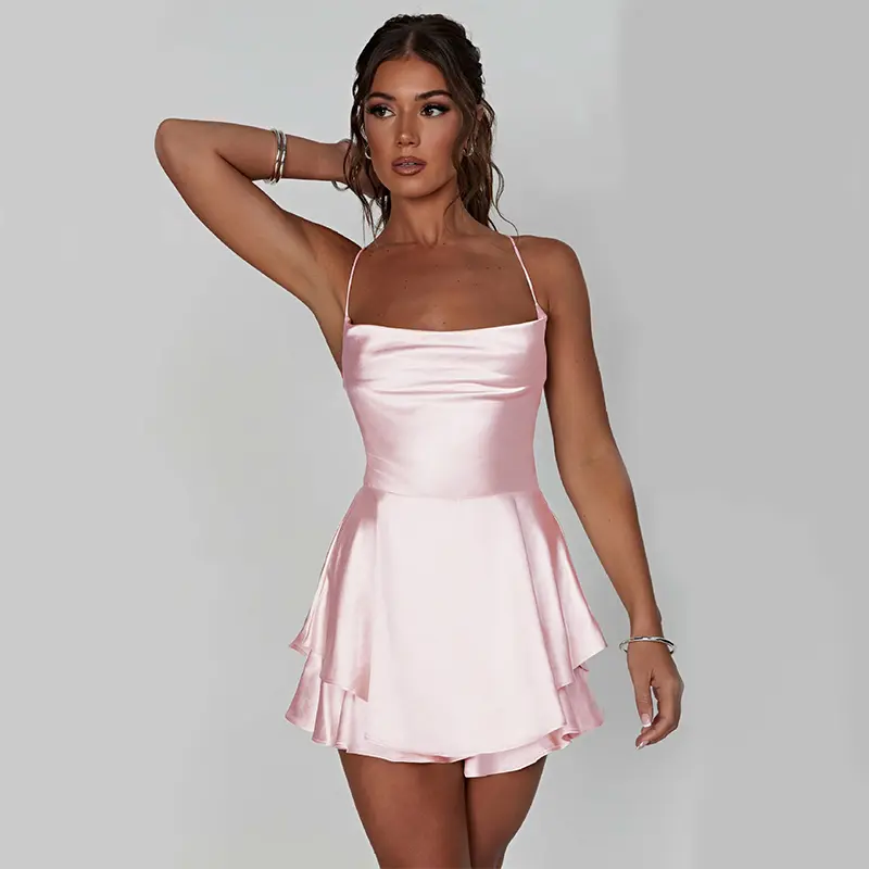 Sexy Suspender Skirt For Women Elegant Slim Strap Satin Backless Lace Up A-Line Short Dress Lady Casual Clothes Sleeveless Womenswear Piece Polyester Solid Style Gamis Summer Basic Minimalist