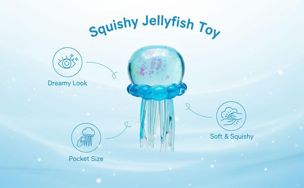 KIDGENIUS Premium Quiet Jellyfish Squeeze Stress Ball 3-Pack, Glittery Squishies Anxiety Fidgets FX Sensory Toy Squishy for Sensory Relief, Office Toys for Grown Ups & Teens