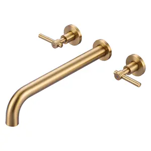 WOWOW Solid Brass Wall-Mount Tub Filler, Brushed Gold Bathroom Faucet with 12-in Long Spout Reach, High Flow Wall-Mounted Tap with NPT 1/2" Thread