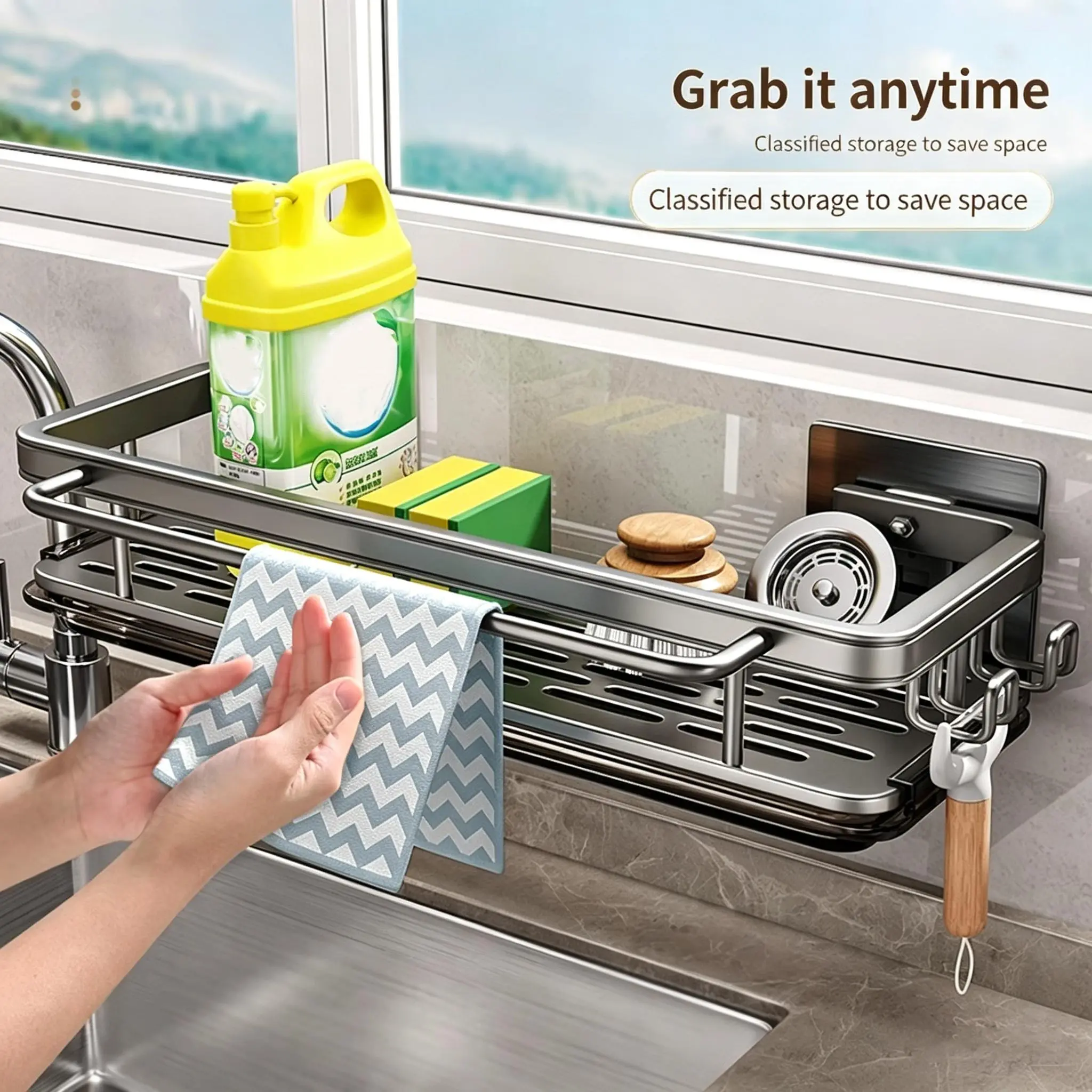 Expandable Kitchen Sink Storage Rack, Thickened Rust Resistant Space Aluminum Sink Caddy Organizer With Multi Side Hooks, Under Sink Counter Holder For Dishwashing Sponges & Cleaning Kitchen Accessories