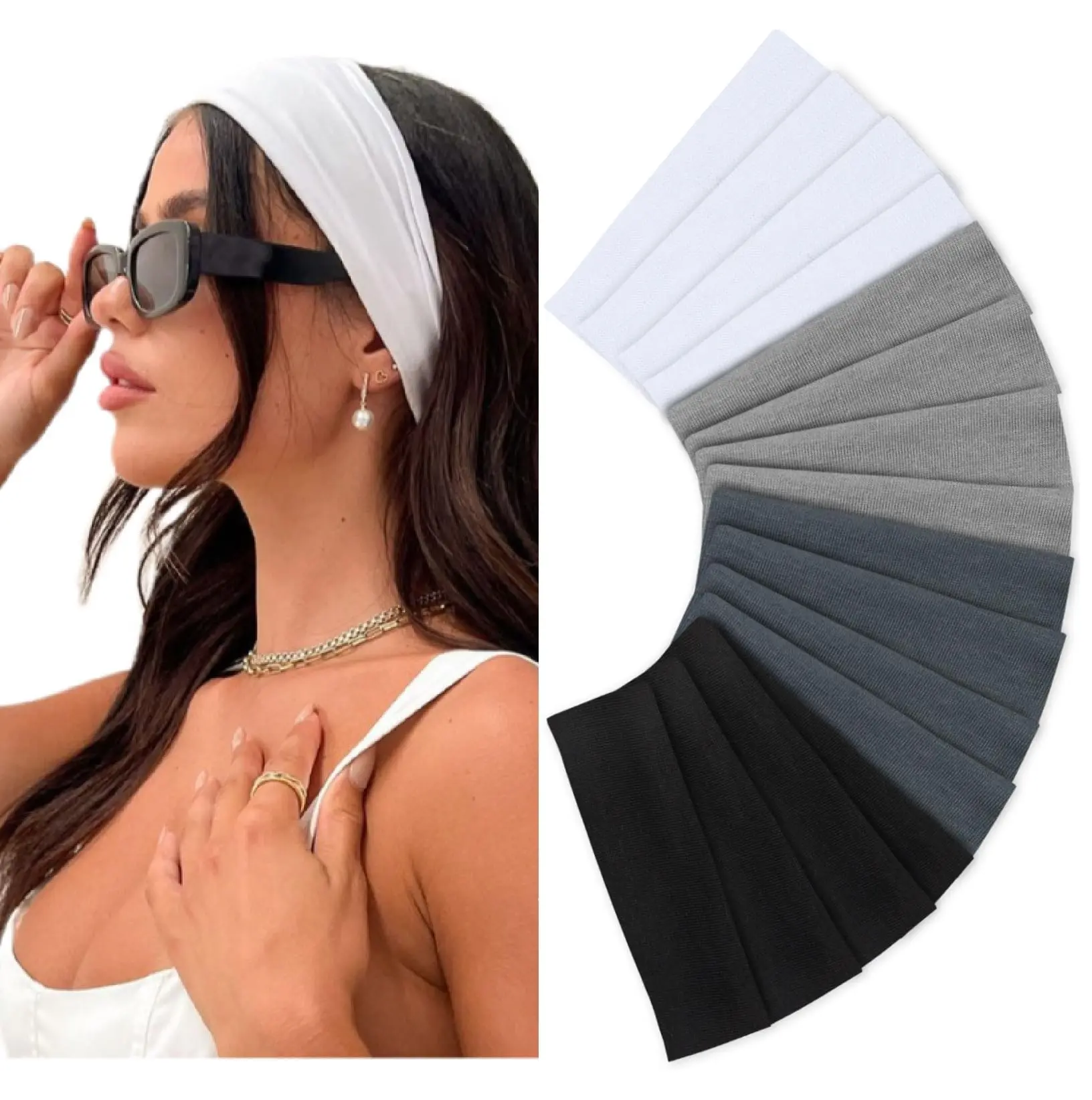 Headbands for Women 16 Pack Elastic Hair Bands Non Slip Soft Cloth Fabric Sweat Yoga Running Sport Accessories Grey White