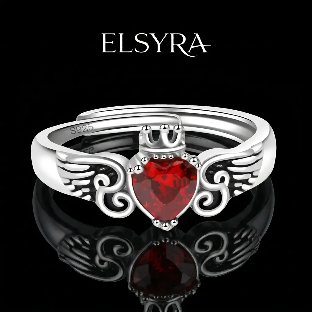 925 Sterling Silver Angel Wing Heart Ring for Women Angel Memorial Ring with Heart Birthstone Promise Ring Adjustable,Angel Promise Ring with crown,Simulated Garnet Red Heart Cubic Zirconia Ring,Retro Heart Red Zircon Rings
