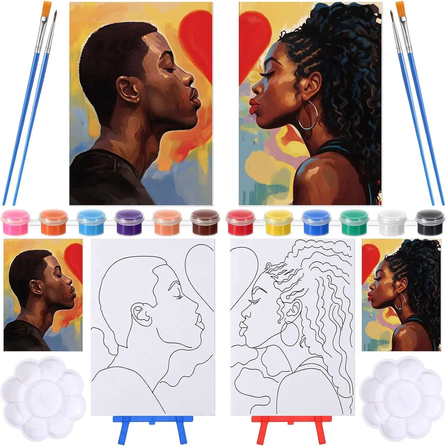 Couple Pre Drawn Kit Gift Couple Painting Kit Pre Drawn Canvas Sip and Paint Kit Gift for Anniversary, Painting Party, Art Practice, Man and Women Couple Dating Night Supplies
