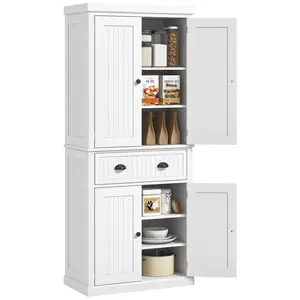 72" Kitchen Cabinet – Pantry Storage with Doors & Shelves, Beadboard Panels, 4 Shelves (Top Fixed + 3 Adjustable), Deep Drawer, Magnetic Closures, 143 lbs