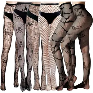 6 Pairs Halloween Fishnet Stockings Women Lace Sexy Tights Patterned Spider Web Fishnets Black Thigh High Waist Goth Leggings Tight Pantyhose for Halloween Costume Outfits Cosplay Party Accessories