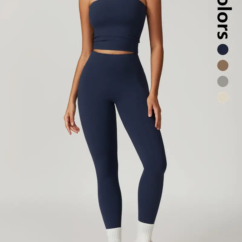 Women's Solid Crop Tube Top & High Waist Leggings Sportswear Set, Fitness Outfits, Gym Yoga Outfit, Workout Clothing Set for Women, Comfortable, Workout Summer Clothes