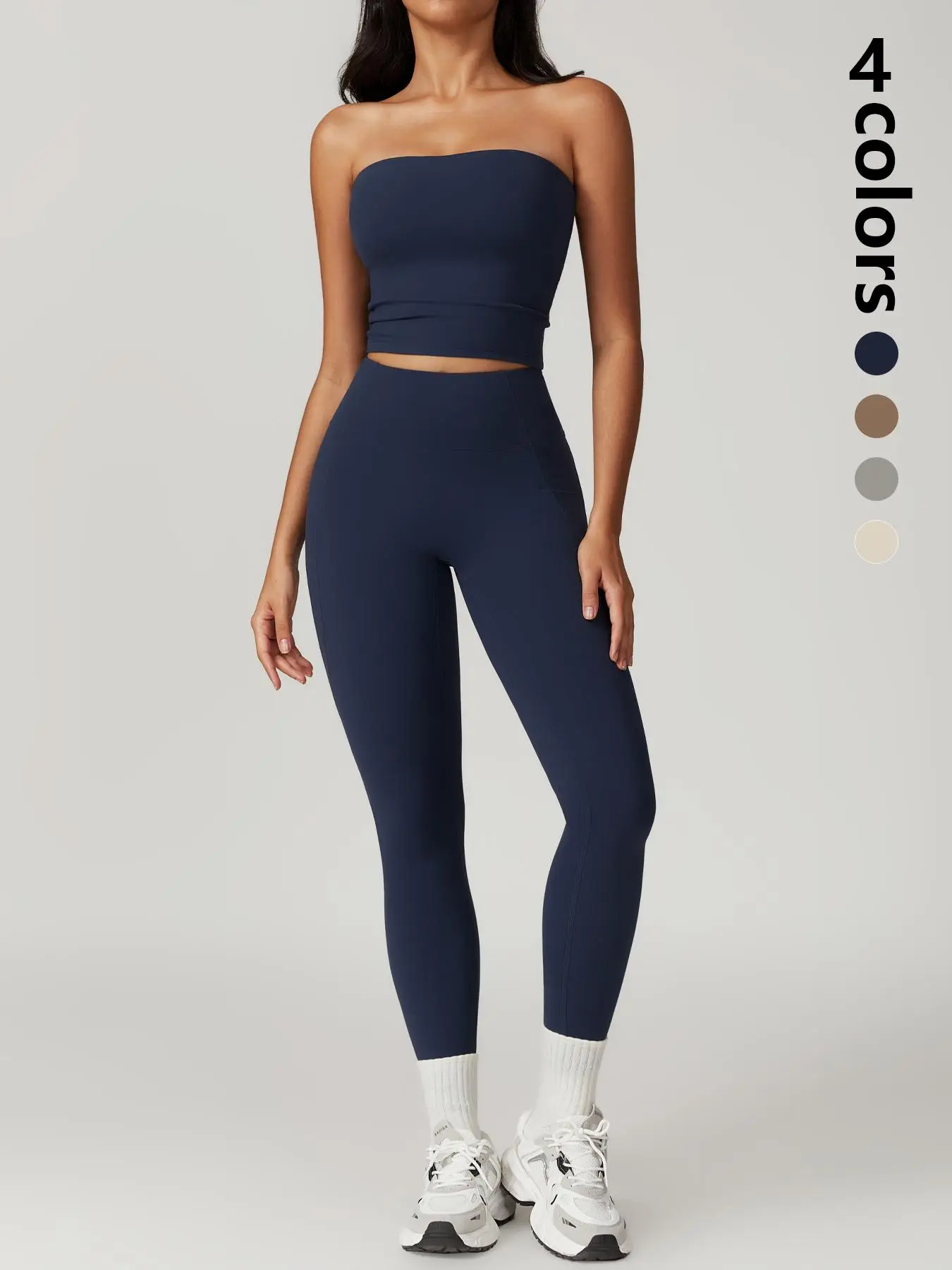 Women's Solid Crop Tube Top & High Waist Leggings Sportswear Set, Sleeveless Strapless Crop Top & Butt Lifting Skinny Pants Sport Set, Workout Gym Exe