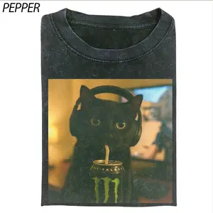 Gamer Cat T-Shirt, Cat with Headphones & Energy Graphic Tee, Funny Animal Shirt, Vintage Washed Oversized T-shirt, Pepper Color, Streetwear, Funny Cat Lover Gift, Unisex Aesthetic
