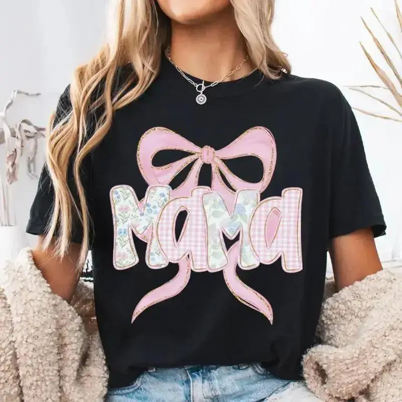 Men's Oversized Vintage Shortsleeve Tshirt - Coquette Patchwork Mama Bow Top, Retro Cottagecore Graphic Prints Garment