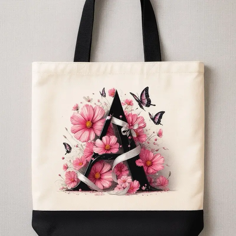 Floral Initial Tote Bag – Personalized Alphabet Letter Handbag Reusable Canvas Tote with Pink Flower Design A-Z Letters
