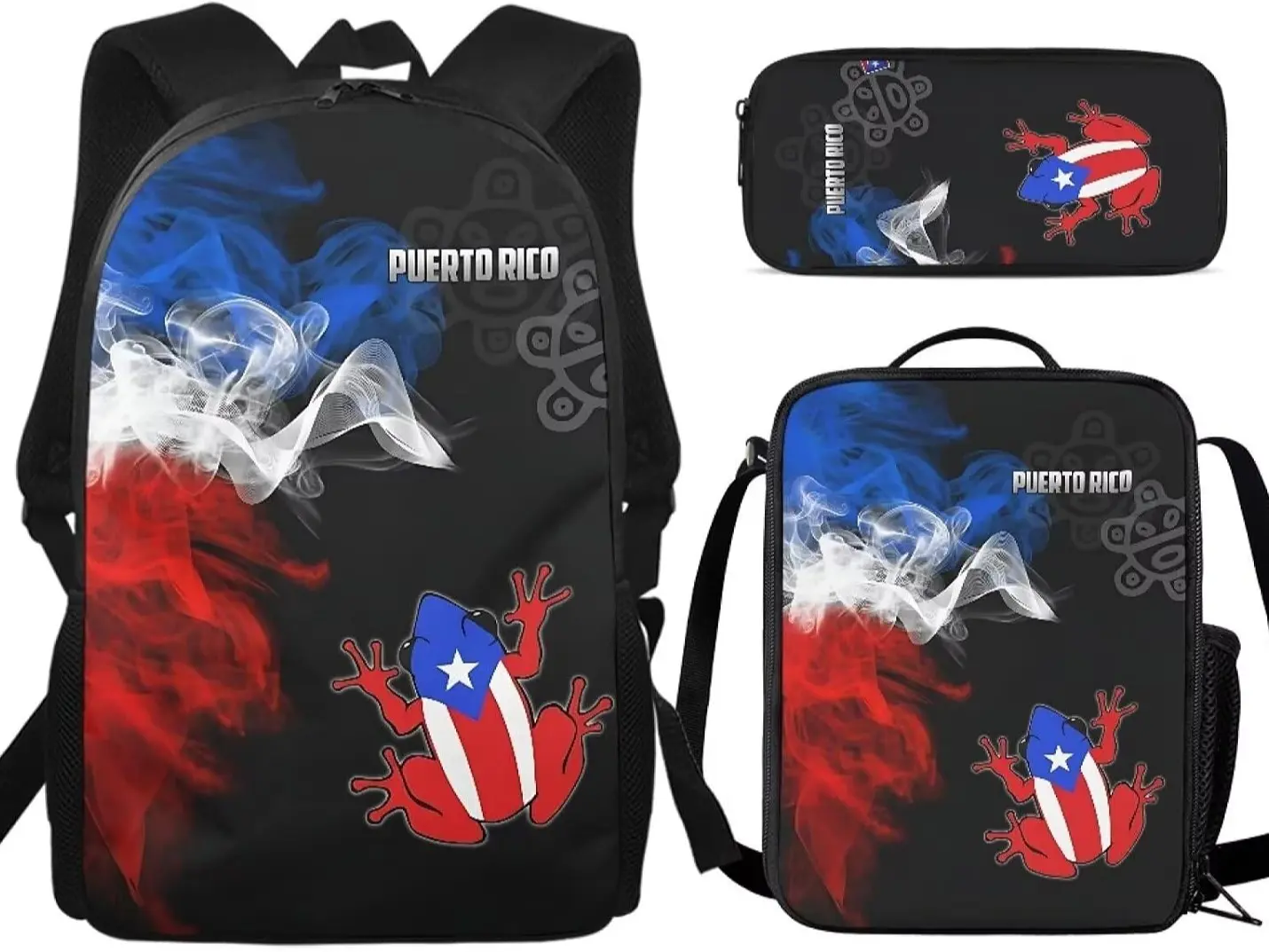 Unisex 3PCS Puerto Rican Flag Synthetic Smoke Coqui Frog Youth Backpack Set - Waterproof Large-Capacity Zip Basketball Equipment Bag, Insulated Lunch Box, Pencil Pouch with Boricua Taino Symbol Print (Back to School Haul for Culture Fans), Waterproof Poly