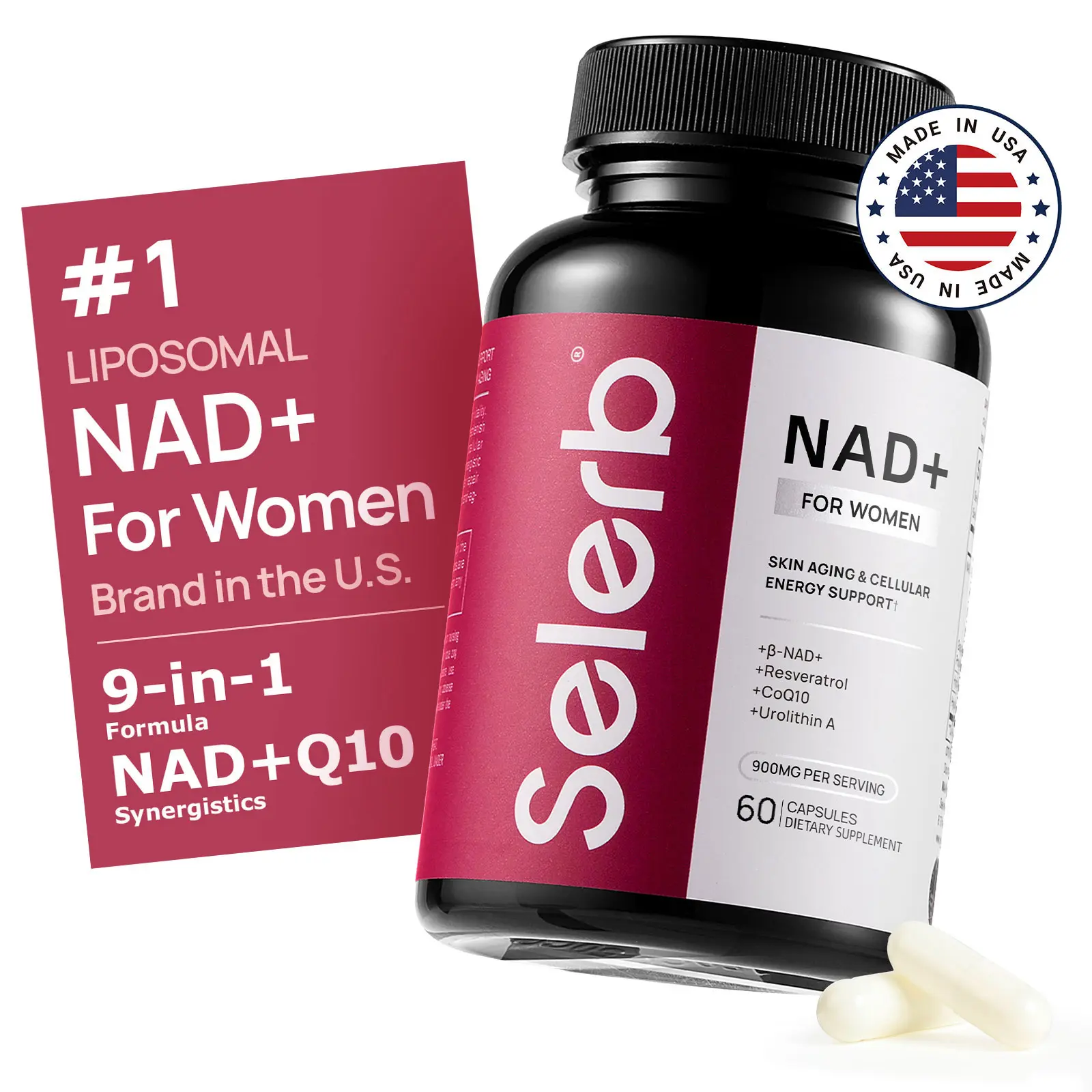 NAD+ Supplement for Women - NMN Alternative with β-NAD+, Trans-Resveratrol, CoQ10, D-Ribose - Promotes Cellular Renewal, Energy, and Radiant Skin Health - 60 Capsules