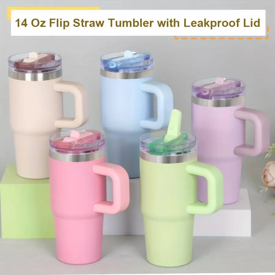 14 Oz Flip Straw Lid Tumbler with Handle, Double-Wall Vacuum Insulated Tumblers with Leak-Proof Lids, Flip Straw And Wrench, Leak-Proof Reusable Cups, Travel, Gifts