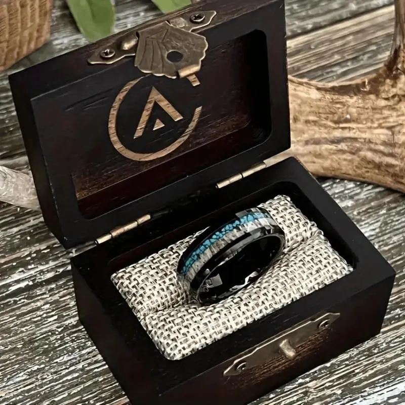 Vintage Stainless Steel Male Ring - 8mm Classic Fashion Wedding Band with Turquoise Inlay, Christmas Gift, Anniversary Present, Best for New Year