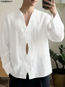 INCERUN Men's Fashion Deconstructed Lapel Transparent Long Sleeve Plain Shirt, Stylish Casual Wear, Perfect for Daily Use, Trendy Men's Clothing, Menswear