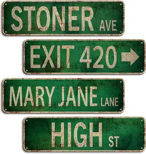 Stoner Avenue Street Sign 4 Signs of Exit 420 /High St/Mary Jane Lane/Stoner Ave for Room Decor, Duplex Printed Trippy Room Decor for Stoner, Vintage Rustic Retro Garage Decor Sign