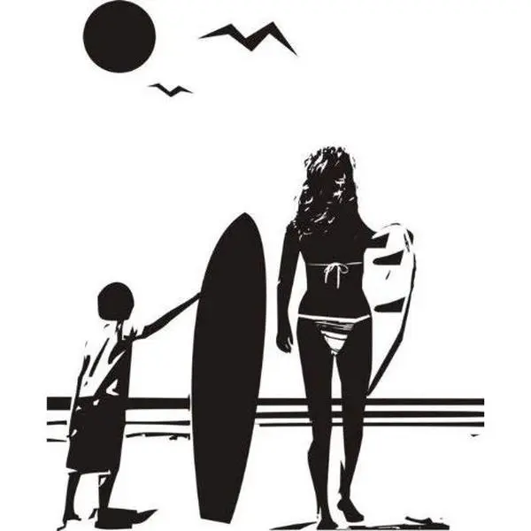 Boy and Mom with Surfboard Staring Into Ocean Version DD101 Vinyl Wall Decal Sticker Beach Surfing Surf Vacation