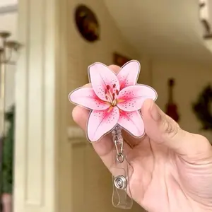 Pink Lily Flower Badge Reel, Floral Acrylic Retractable ID Badge Holder with Alligator Clip, Cute Nurse Teacher Student Work Accessory Gift