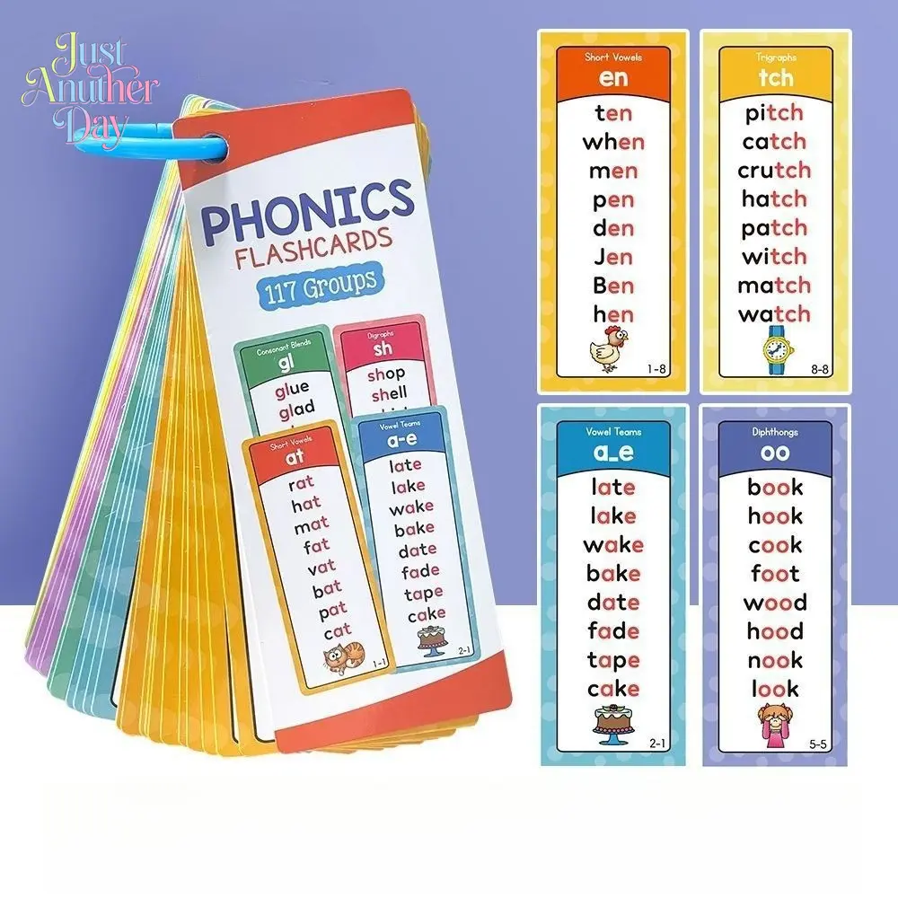 Kids English Phonics Flash Cards, 60 Double-Sided Cards with 117 Phonics Groups, Educational Learning Cards for Toddlers, Preschoolers & Early Readers, Covers Short Vowels, Digraphs, Vowel Teams & Consonant Blends
