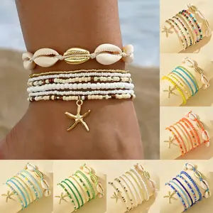 Bohemian style multi-layered anklet set, women's summer beach shell elastic anklet, starfish beaded surfer anklet for women and girls