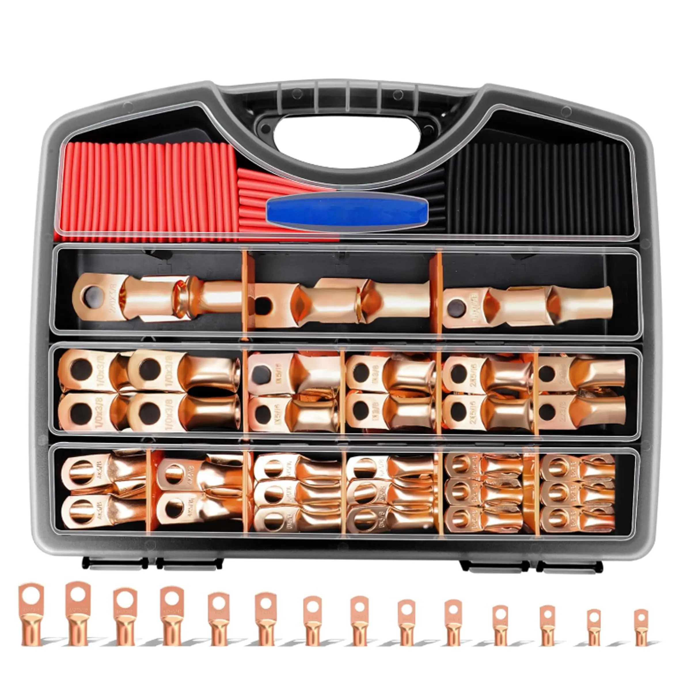 120PCS Battery Cable Ends AWG 1 2 4 6 8 1/0 2/0 Gauge, 60PCS Heavy Duty Copper Wire Lugs Kit, Battery Cable Terminal Connectors Assortment with 60PCS 3:1 Heat Shrink Tubing, Durable Reliable Connectors, Battery Terminals