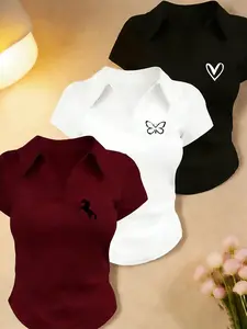 2026 TikTok Trending Horse Butterfly Heart Print 3-Pack Polo Shirts for Women, Casual Everyday V-Neck Short Sleeve Slim Fit Tops, Versatile Collared Blouses for Office, Street & Daily Wear, Cute Trendy Y2K Aesthetic Tees for Teen Girls & Young Adults
