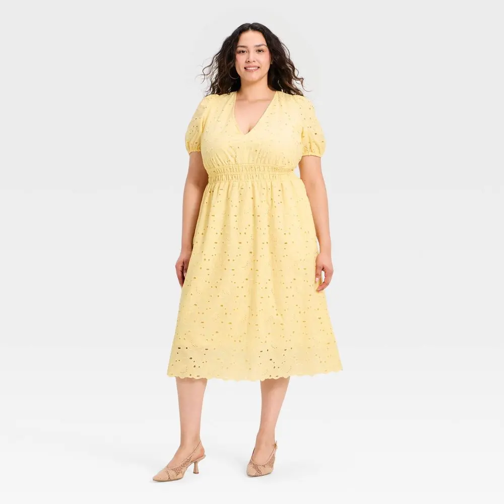 Women's Puff Elbow Sleeve Eyelet Midi Empire Waist Dress - A New Day - Yellow