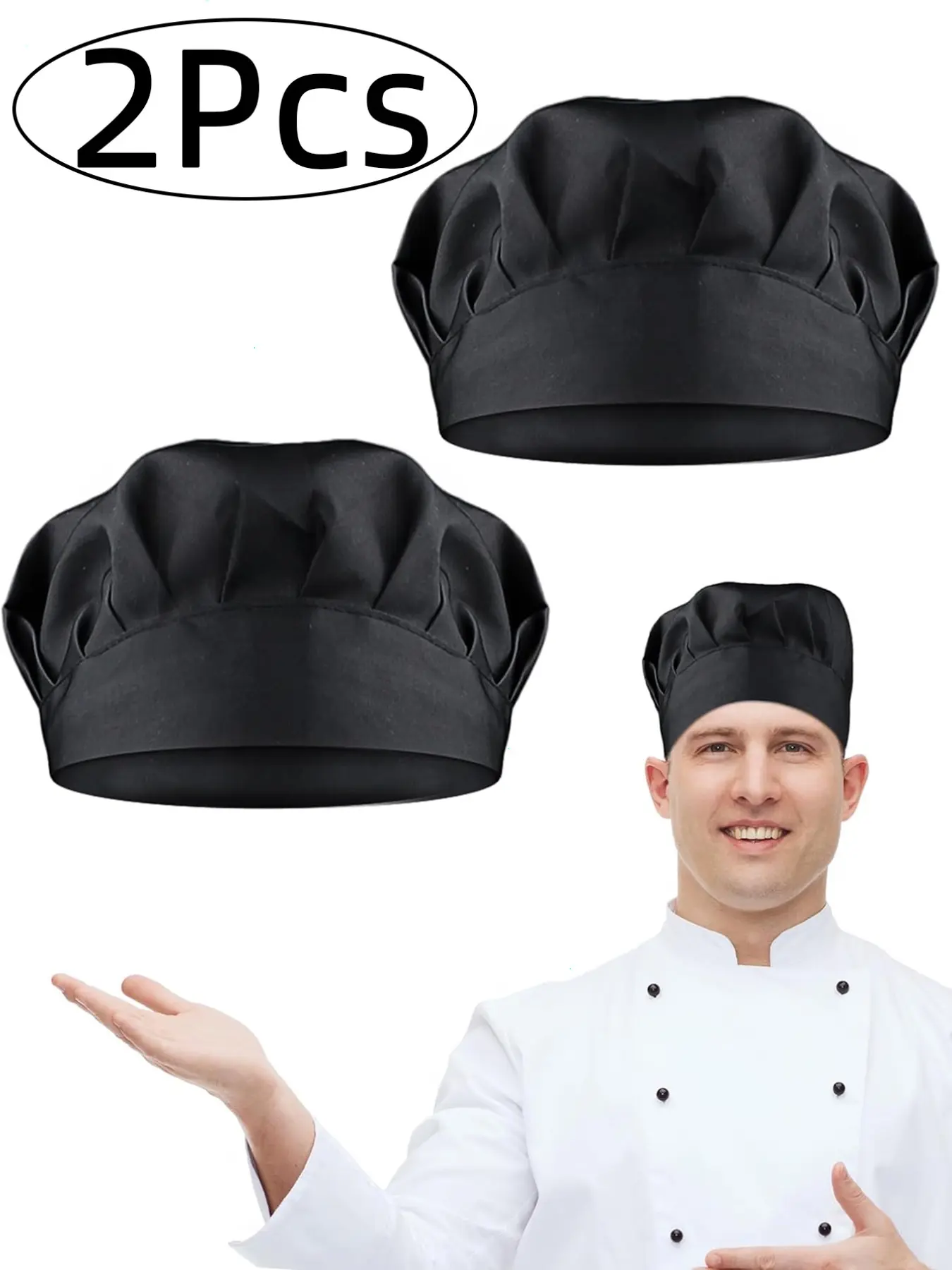 2Pcs-Adjustable Chef Hat Set with Elastic Band, Fitted Hats, Breathable Polyester, Durable Fabric, Reusable, All Seasons, Suitable for Kitchen and Food Service Professionals