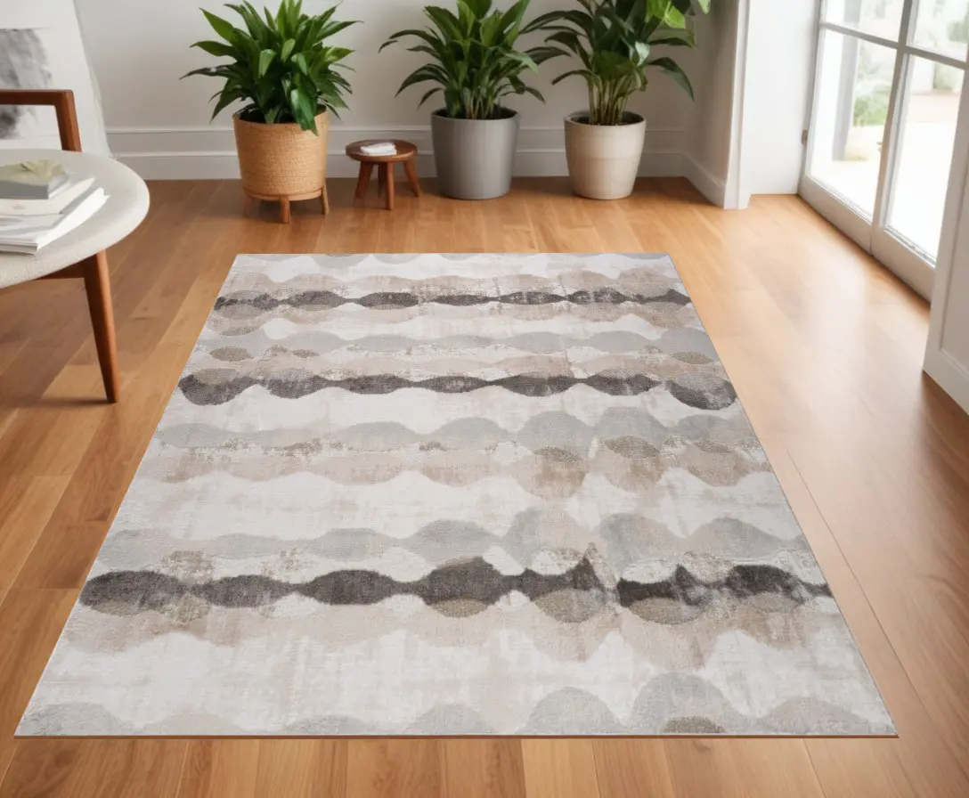 212 MAIN 4 x 6 ft. Low Pile Modern Abstract Distressed Rectangle Area Rug, Beige & Brown, Stain Resistant Rug, Low Pile Rug