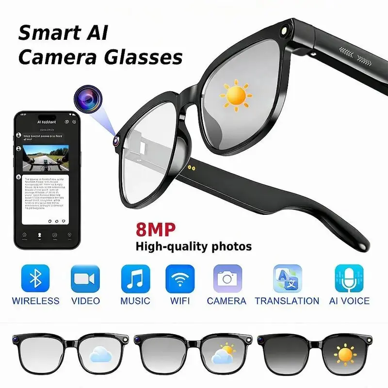 AI smart glasses suitable for both men and women, featuring Bluetooth connectivity, high-definition lenses, meeting analysis, music playback, hands-free calling, and 8-megapixel high-definition camera, supporting 165 languages for translation