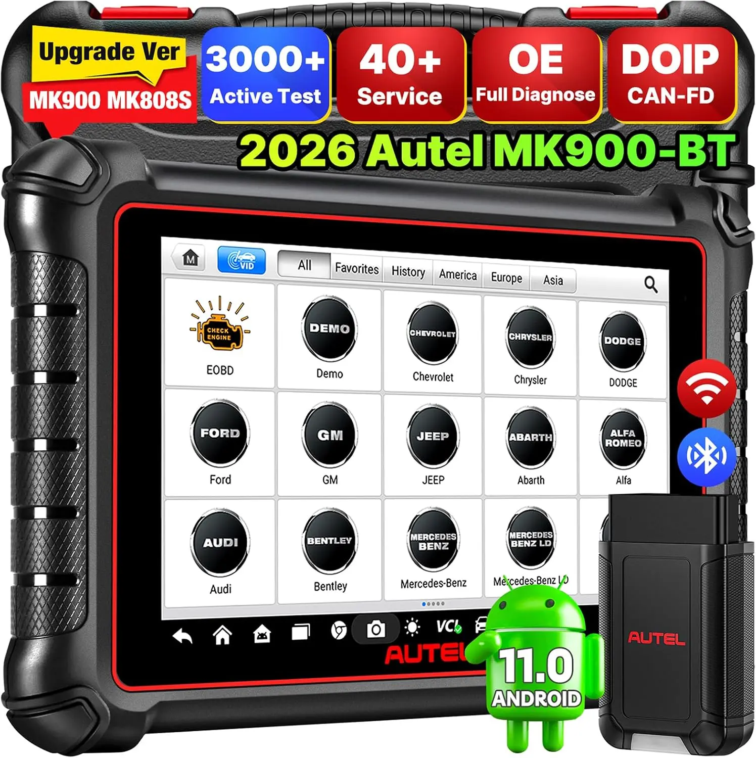 Autel Scanner MaxiCOM MK900BT Bidirectional Tool, 40+ Service, CAN-FD& DOIP | 2026 MK900-BT V2.0 Up of MK900 MX900 MK808S MK808BT PRO MX808S MK808Z, 3000+ Active Test, All System Diagnostic, FCA 11 OS