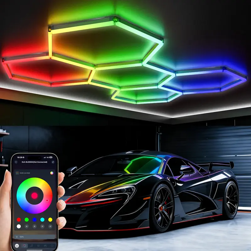 DIY 24 Pack Remote RGB Hexagon led Garage Lights, RGB Hexagon Modular LED Light with Multi Color, 358 Modes, Smart App Control Music Modes, DIY Honeycomb Ceiling Light Design for Garage, Barber, Home Theater, Party, Gaming