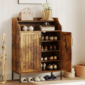 5-Tier Shoe Storage Cabinet for Entryway, Brown Wood Shoe Rack with Doors & 3 Adjustable Shelves, 41" Tall Organizer for Closet Hallway Living Room