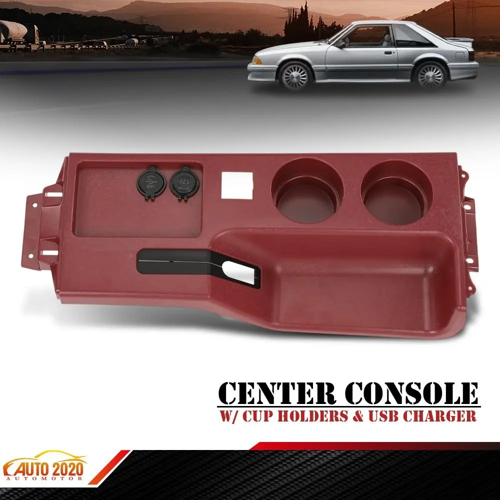 Red Center Console for 1987-1993 Ford Mustang, with Cup Holders, USB Charger, Plug&Play Car Interior Stowing & Tidying Accessory