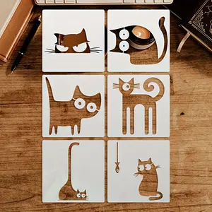 Reusable Washable 6 Cat Painting Stencils, 6x6 Inch DIY Cat Patterns for Art Projects, Scrapbooking, Card Making & Canvas Painting, Reusable Art Templates
